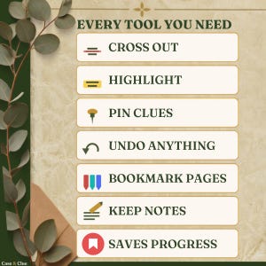 Every Tool You Need: the marking tools included in this interactive detective puzzle book, each listed in a cream panel with a gold border on aged paper. Cross out, highlight, pin clues, undo anything, bookmark pages, keep notes, and saves progress. A Case & Clue interactive murder mystery elimination puzzle book for phone, tablet and desktop.