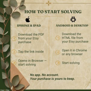 How To Start Solving: two columns of instructions on aged paper. For iPhone and iPad — one, download the PDF from your Etsy purchase; two, tap the link inside; three, it opens in your browser and you start solving. For Android and desktop, marked with an Android icon — one, download the HTML file from your Etsy purchase; two, open it in Chrome or any browser; three, start solving. No app, no account, your purchase is yours to keep.