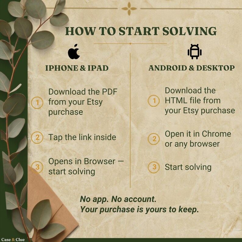 How To Start Solving: two columns of instructions on aged paper. For iPhone and iPad — one, download the PDF from your Etsy purchase; two, tap the link inside; three, it opens in your browser and you start solving. For Android and desktop, marked with an Android icon — one, download the HTML file from your Etsy purchase; two, open it in Chrome or any browser; three, start solving. No app, no account, your purchase is yours to keep.