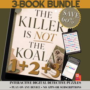 May include: A 3-book bundle titled The Killer Is Not The Koala featuring interactive digital detective puzzles. The display shows a koala image, a list of words, and a notes interface. Text includes Save 60% and Interactive Digital Detective Puzzles.