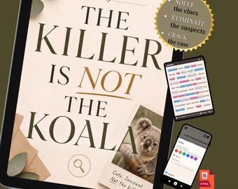 May include: An interactive detective puzzle book titled The Killer Is Not The Koala, featuring a koala photograph, a magnifying glass icon, and a gold starburst with text. Includes two digital device screens showing word lists and notes.