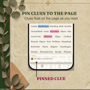 Close-up of the interactive detective puzzle book on a phone. A grid of animal suspect names is shown with Roadrunner highlighted in blue and Snowshoe and Albatross in pink. A pinned clue bar across the bottom reads number seven, the killer is covered in fur, with an arrow labelled pinned clue. Heading reads Pin Clues To The Page, clues float on the page as you read. A Case & Clue murder mystery elimination puzzle.