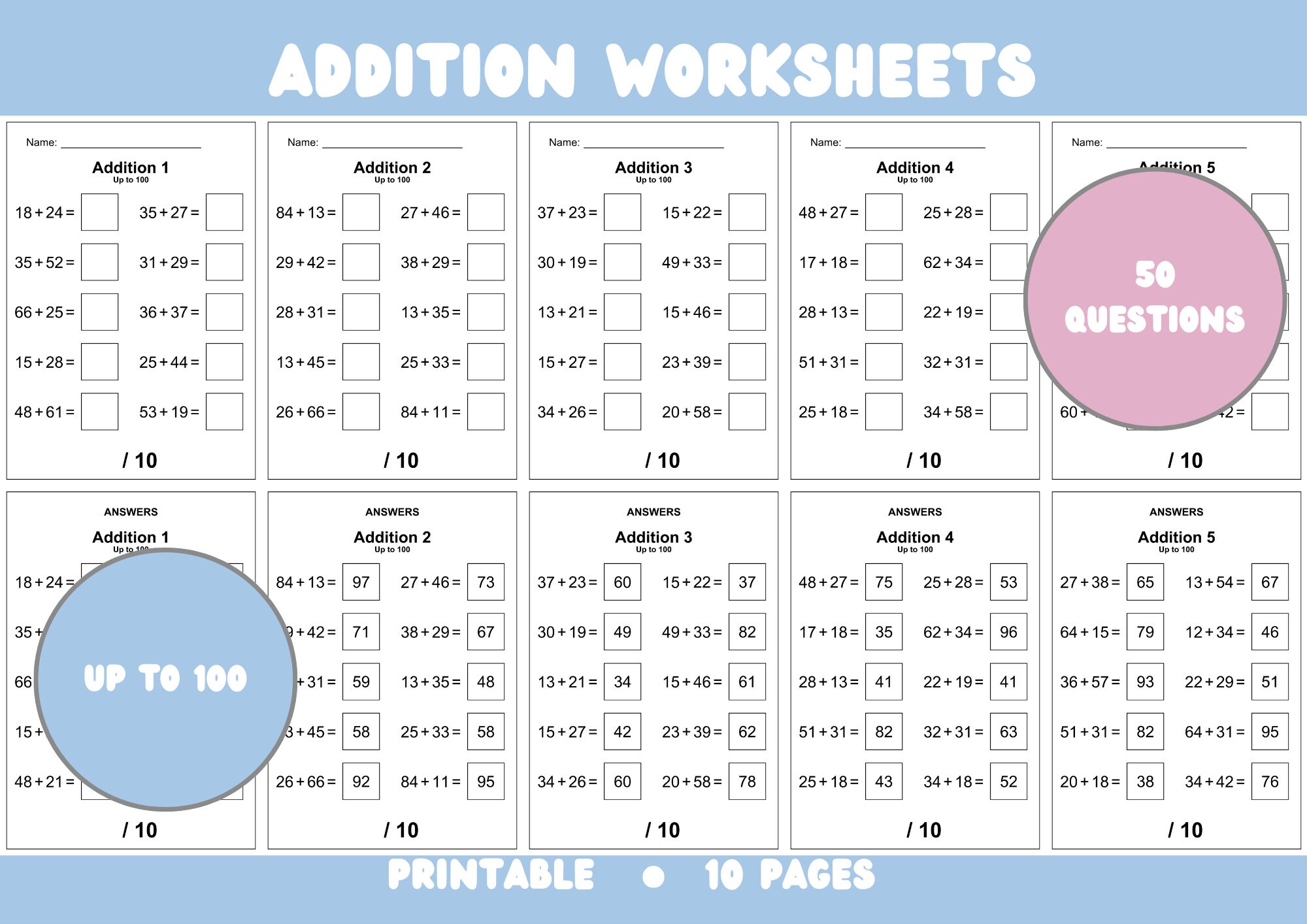 Math Worksheets Printable Instant Download Addition up to 100 - Etsy