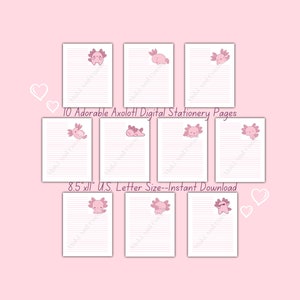 10 páginas adoráveis de papelaria do Axolotl | Papel de escrita fofo para imprimir | Download digital | Folhas de cartas Kawaii Axolotl