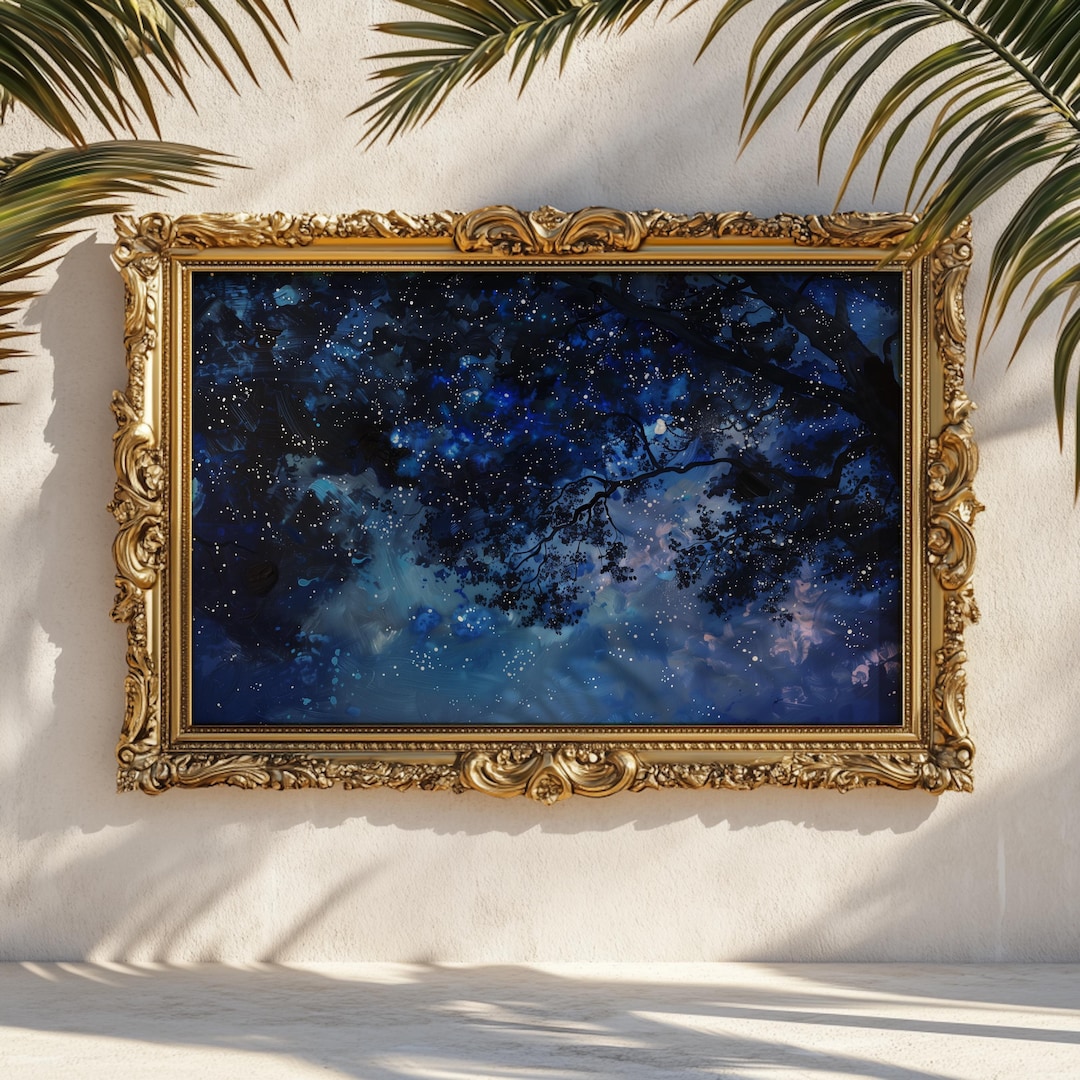 Starry Night Sky Art Print: Dark Celestial Wall Art Moody Blue Painting ...