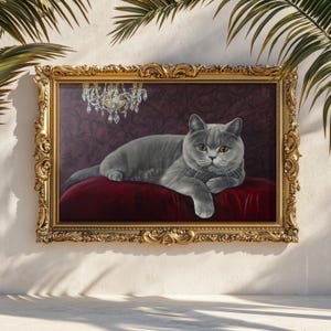 British Shorthair Cat Wall Art Print: Regal Gray Cat Oil Painting