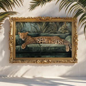 Leopard on Emerald Velvet Sofa Art Print: Tropical Palm Decor