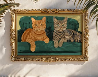 Retro Tabby Cat Art Print: Orange and Gray Cats on Green Sofa