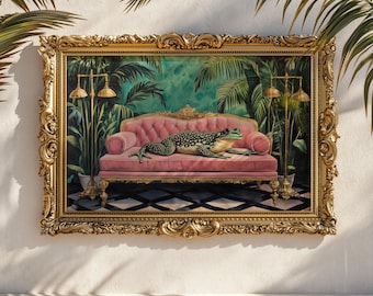 Surreal Frog Painting Poster Print: Pink and Green Tropical Glam Decor