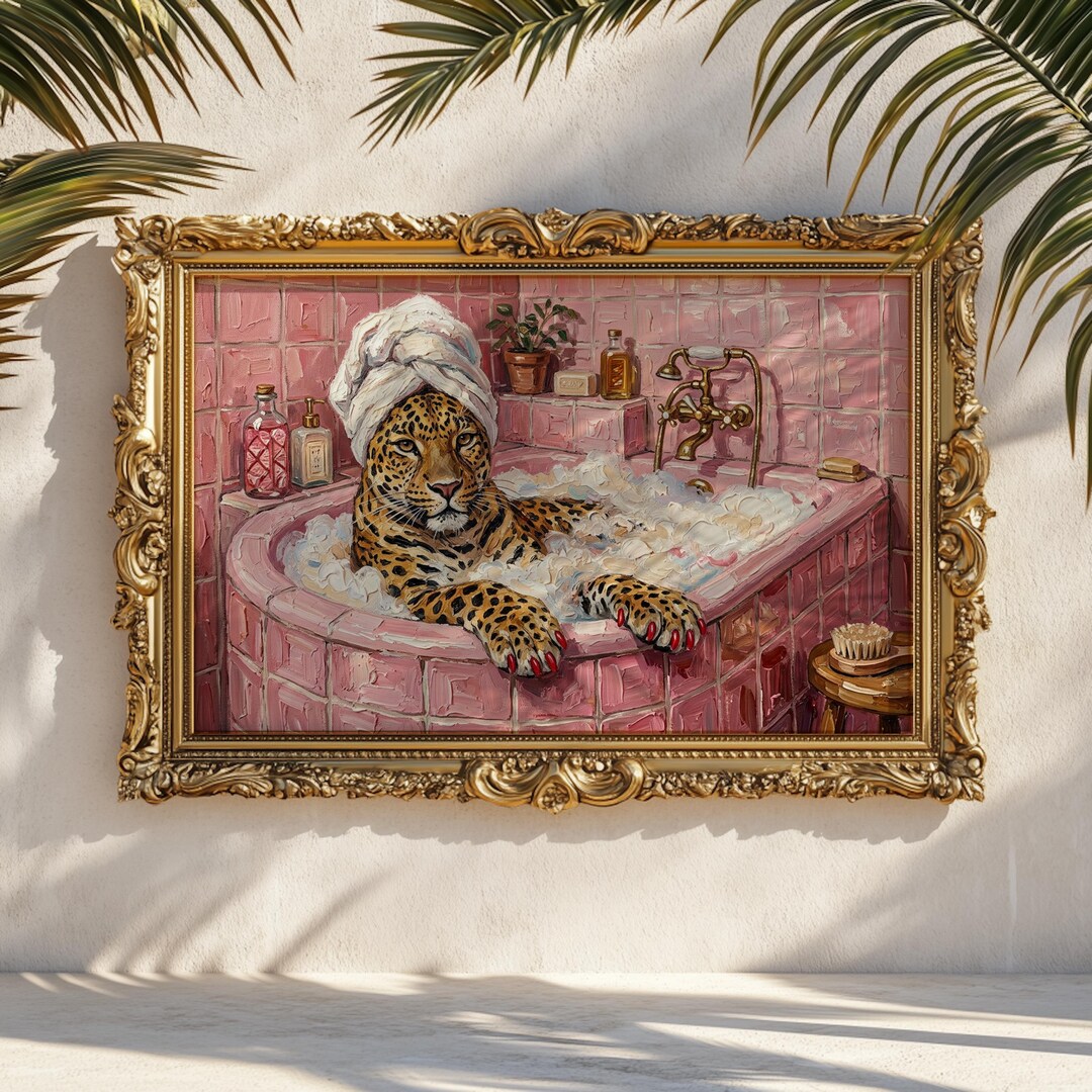 Leopard Bath Wall Art: Pink Bathroom Decor, Glam Animal Spa Painting ...