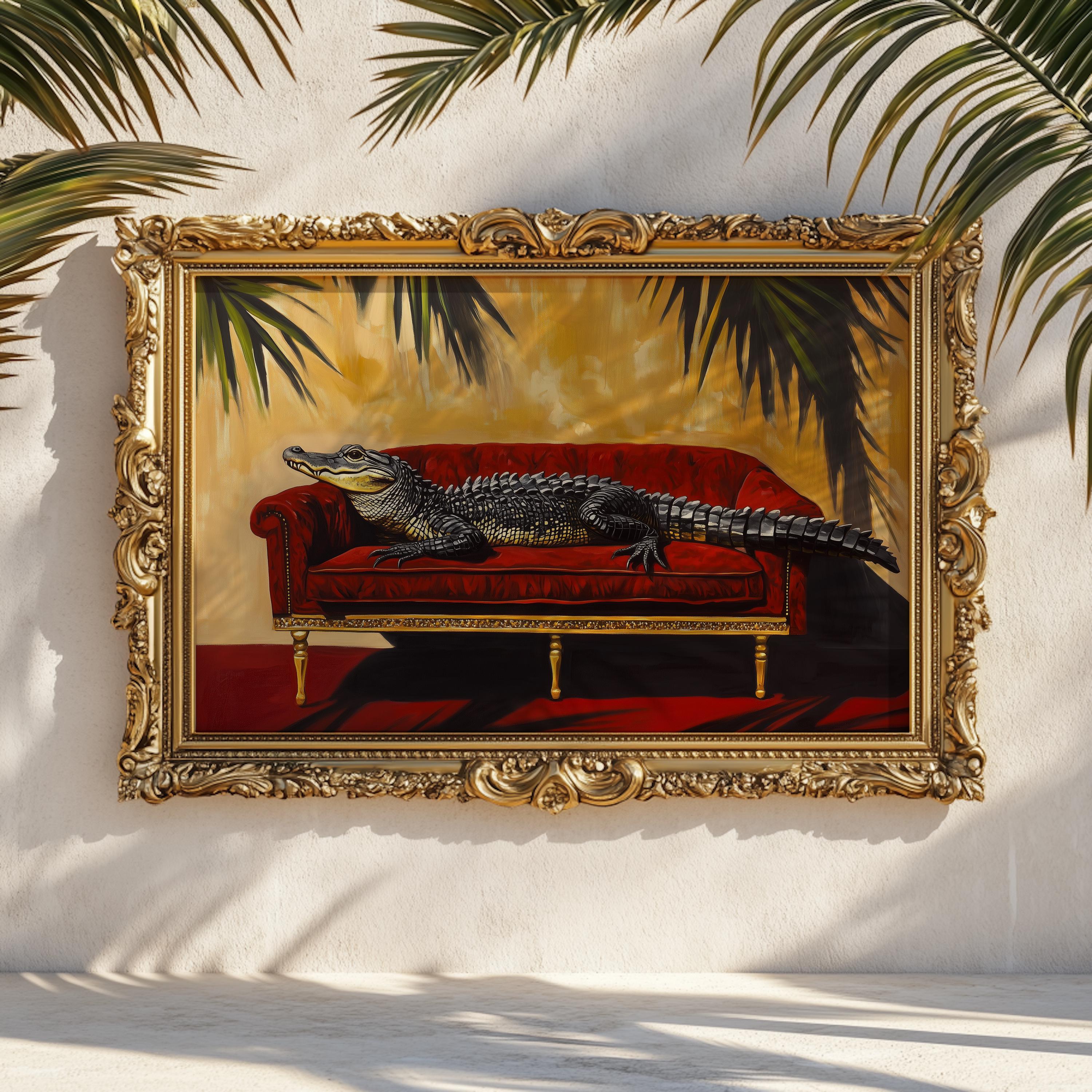 Alligator on Red Velvet Sofa Print: Tropical Glam 70s Wall Art - Etsy