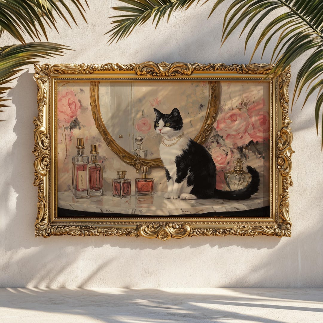 Tuxedo Cat Wall Art: Glam Cat Oil Painting, Vanity Table Animal Art ...