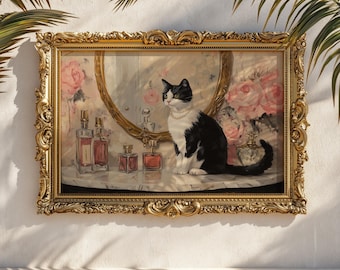 Tuxedo Cat Wall Art: Glam Cat Oil Painting, Vanity Table Animal Art, Feminine Vintage Decor