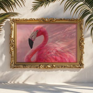 Pink Flamingo Art Print | Glam Flamingo Wall Art | Whimsical Tropical Bird Poster | Sparkly Flamingo Painting | Coastal Pink Bird Decor
