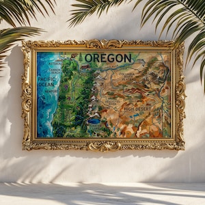 May include: A framed map of Oregon, featuring a detailed depiction of the state's geography. The map is encased in an ornate gold frame. Key locations like Portland, Crater Lake, and the Pacific Ocean are labeled. The map's colors include blues, greens, and browns.