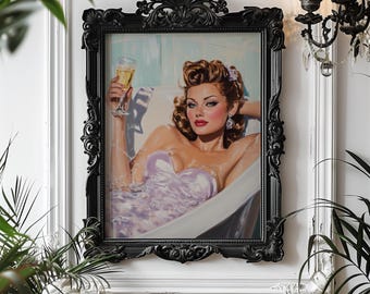 Retro Glam Bathtub Print: Vintage Woman Champagne Bath Poster