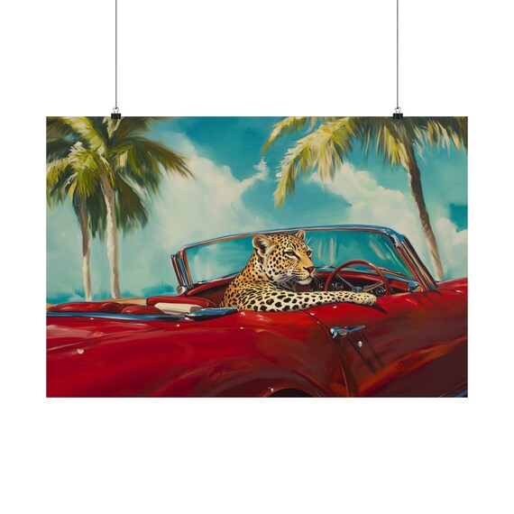 Leopard in Red Convertible Art Print: 80s Glam Miami Vice Decor - Etsy