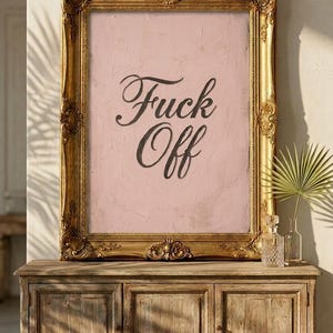 May include: A framed artwork with the words "Fuck Off" in elegant black script on a pink background. The ornate gold frame sits atop a wooden cabinet. A decorative palm leaf and glass bottles are visible.