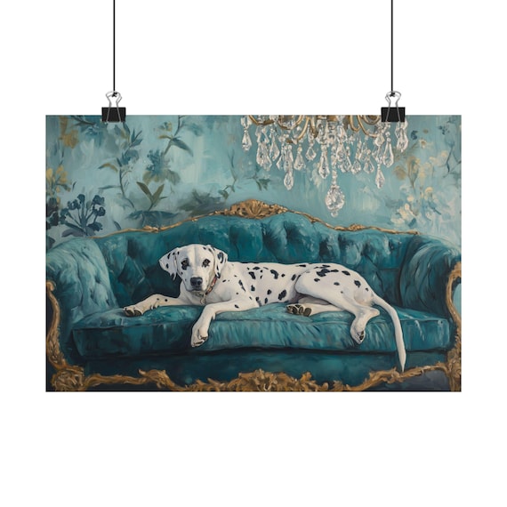 Dalmatian on Velvet Sofa Oil Painting Print: Elegant Canine Poster