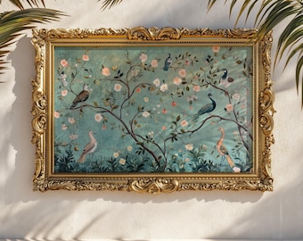Vintage Chinoiserie Bird Branches Oil Painting Print: Baby Blue Horizontal Poster, Botanical Wall Art