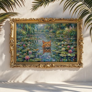 May include: A framed painting featuring a ginger cat swimming in a pond filled with lily pads and flowers. The painting is in a gold ornate frame, with a light background and palm fronds.