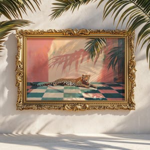 Leopard on Checkered Floor Print: Retro Palm Springs Wall Art