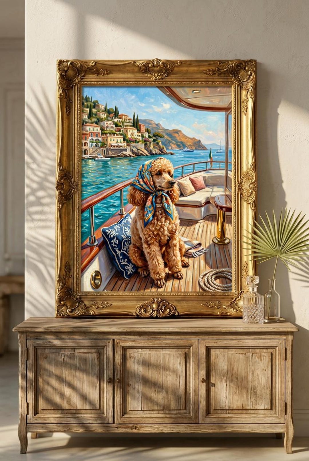 Poodle on Yacht Matte Poster: Coastal Dog Art, Mediterranean Harbor ...