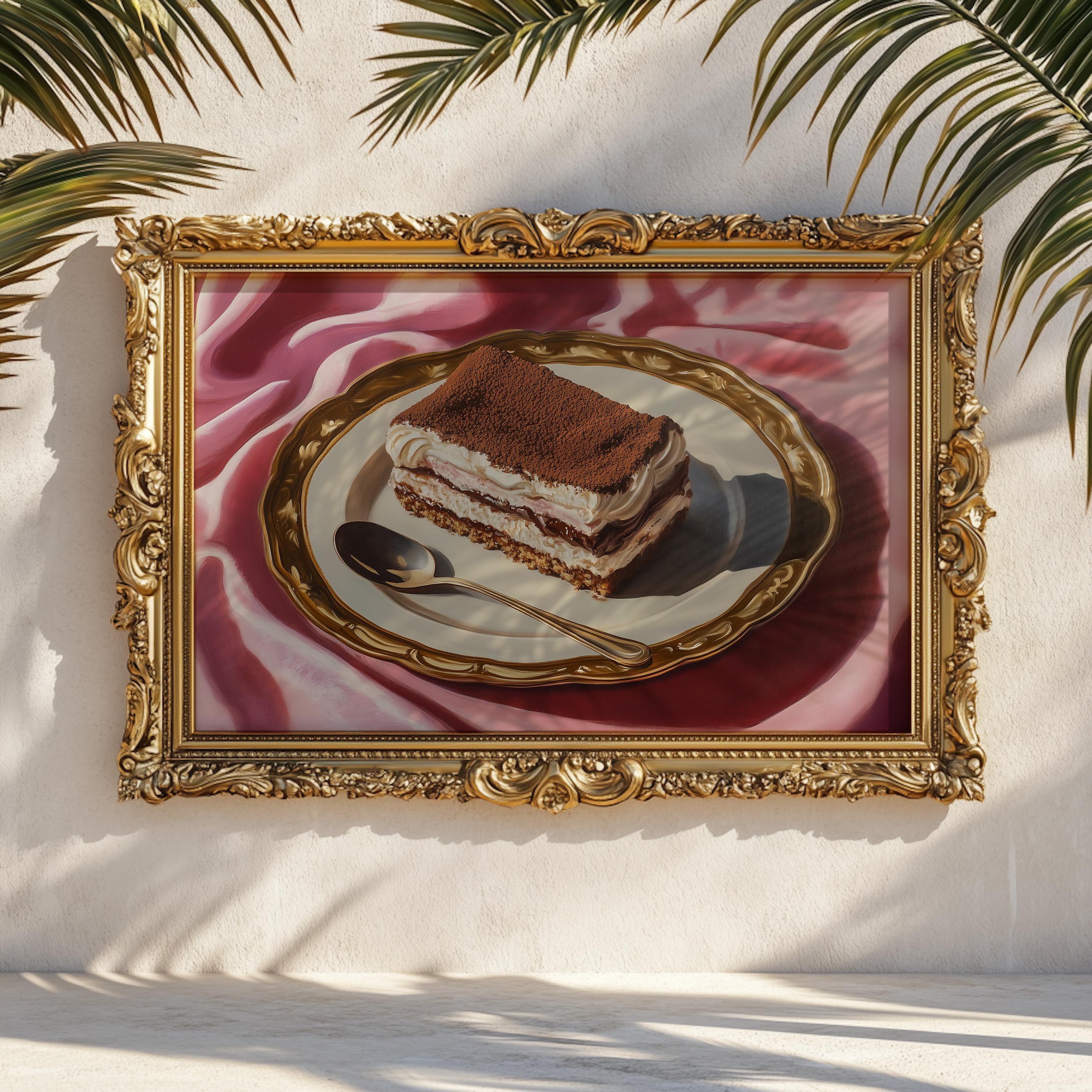 Impression de peinture à l'huile de dessert tiramisu : affiche de cuisine de dessert italien, peinture de cuisine vintage, décoration murale de cuisin