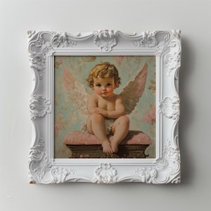 Blush Cherub Sitting on Ornate Bench Print | Vintage Angel Wall Art | Baroque Baby Decor | Coquette Soft Pastel Oil Painting | Victorian