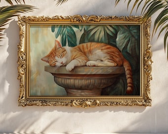 Impresión artística de pared de gato atigrado naranja durmiendo: pintura al óleo vintage de gato atigrado naranja y blanco con motivos botánicos.