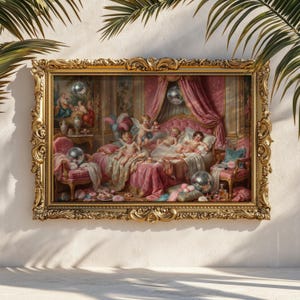 May include: A framed artwork depicting a classical painting of cherubs in a bedroom. The painting is in an ornate gold frame. The scene includes a bed with pink bedding, disco balls, and other decorative elements. Palm fronds are in the background.