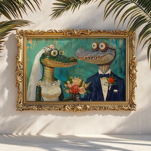 Alligator Wedding Wall Art: Funny Animal Print, Crocodile Couple Painting