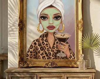 Póster de Glam Girl Espresso Martini Spa Day: Retrato femenino con estética de estampado de leopardo