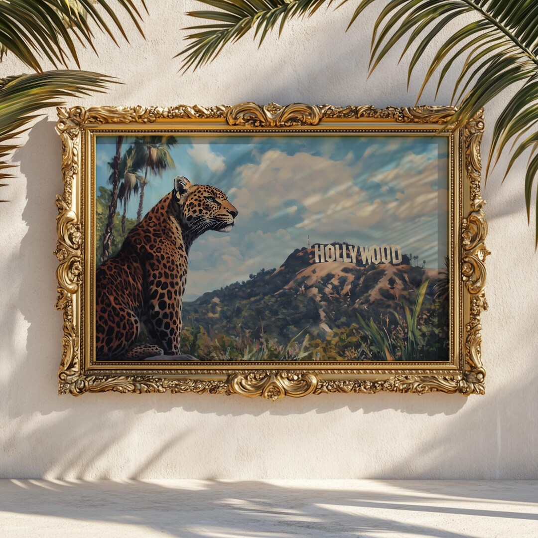 Overlooking Sign Hollywood Leopard Glam LA Art Print: Leopard Overlooking Hollywood Sign ...