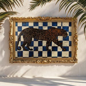 May include: A rectangular wall art piece featuring a leopard with dark brown and black spots walking across a blue and white checkered background. The artwork is enclosed in an ornate, decorative gold frame with intricate carved detailing.