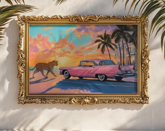 Leopard & Pink Cadillac Art Deco Poster: Tropical Sunset Drive - Etsy