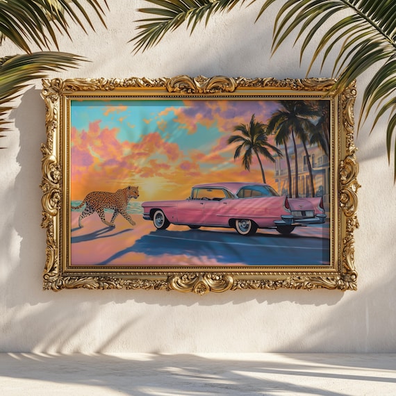 Leopard & Pink Cadillac Art Deco Poster: Tropical Sunset Drive - Etsy