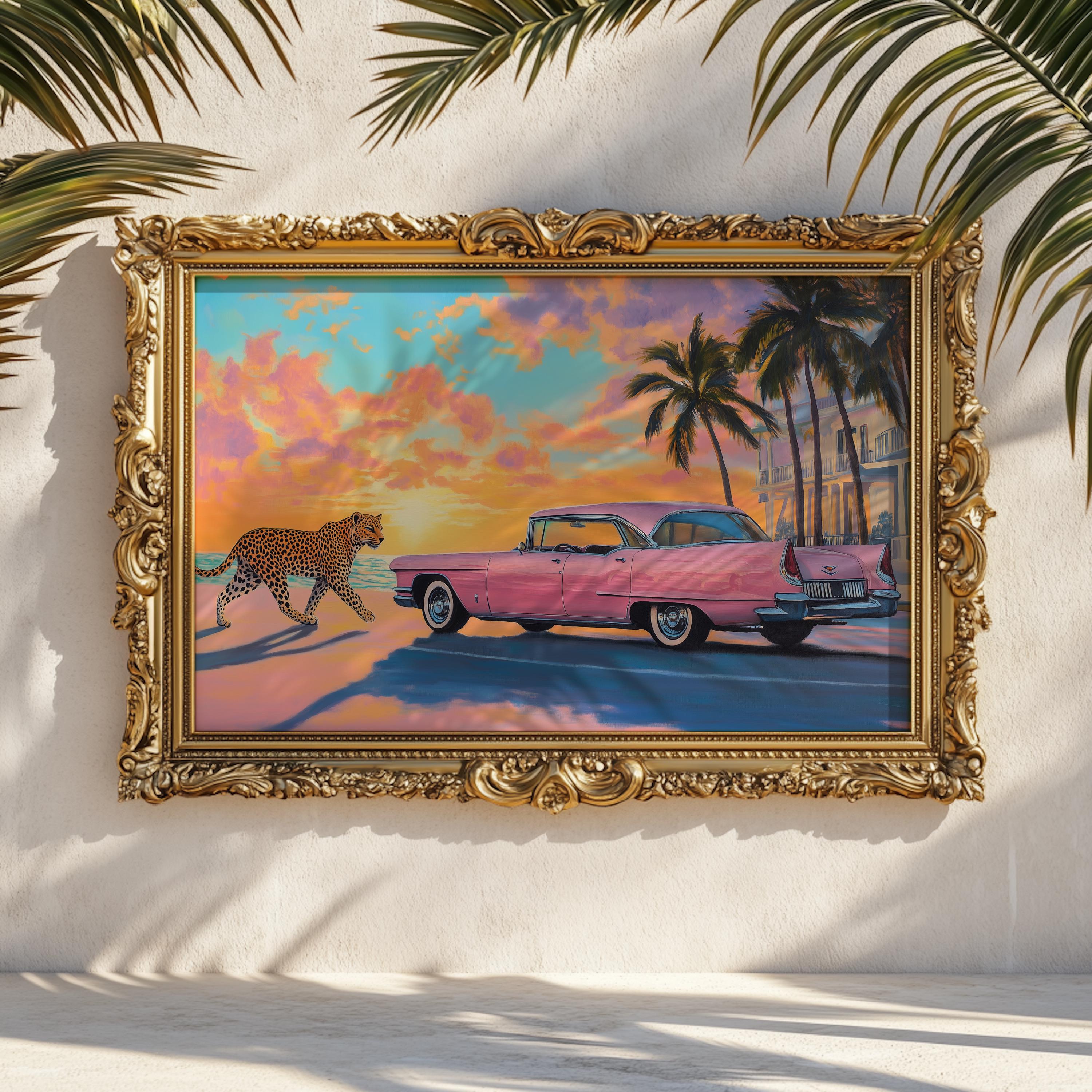 Leopard & Pink Cadillac Art Deco Poster: Tropical Sunset Drive - Etsy