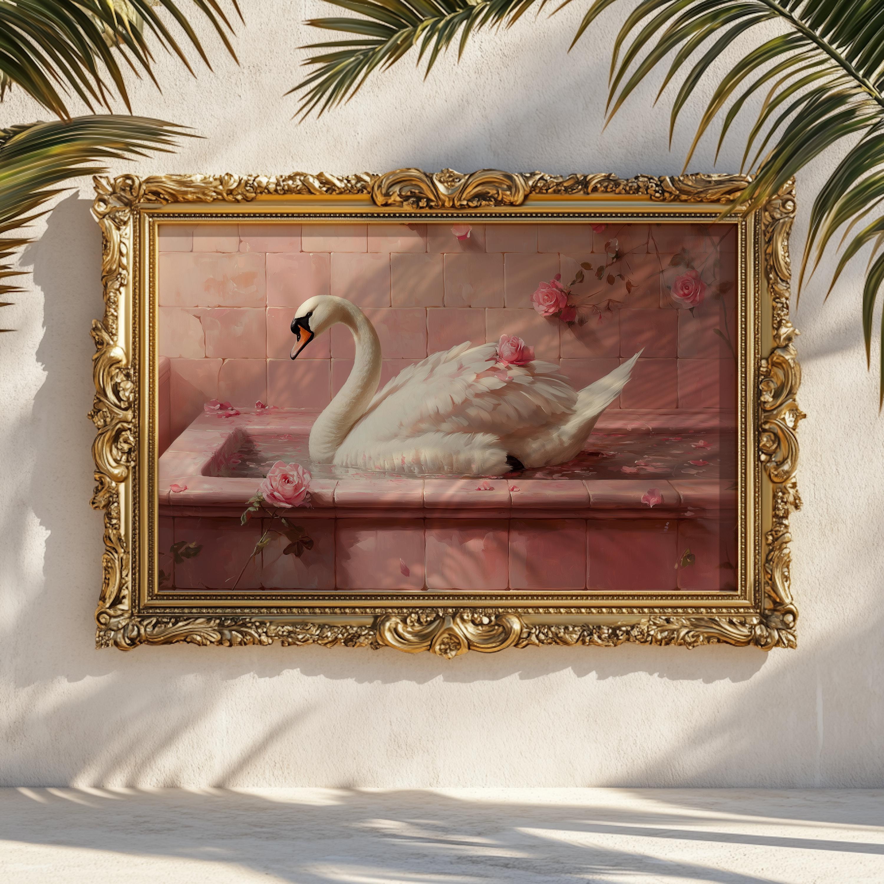 Kunstprint zwaanbad: vrouwelijke roze badkamerposter