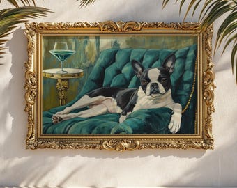Kunstprint Boston Terrier: hond Martini Lounge, fluwelen stoel