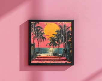 Vintage palmboomkunstdruk: roze poster zonsondergang strand