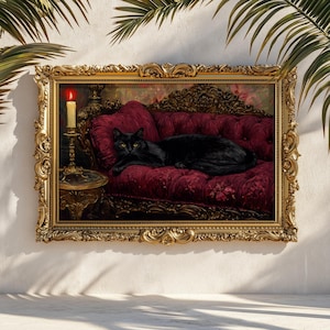 Black Cat Velvet Painting: Gothic Victorian Animal Print
