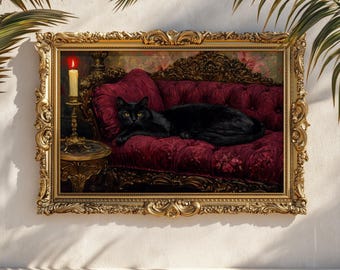 Black Cat Velvet Painting: Gothic Victorian Animal Print