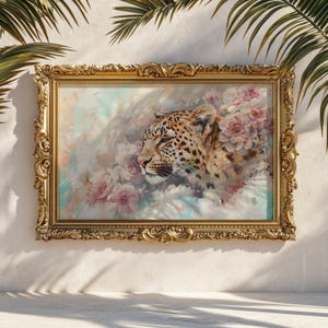 May include: A framed artwork featuring a leopard's profile amidst soft pink roses and a dreamy, pastel background. The ornate, gold-colored frame adds a touch of elegance to the piece, creating a blend of nature and classic design.