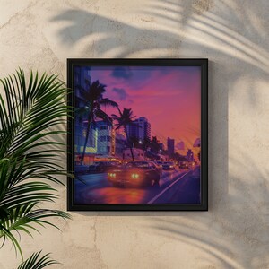 Arte de pared retro con ondas de vapor de los años 80, decoración estética de habitaciones vintage, póster rosa neón, palmeras, impresión de calles de la ciudad, puesta de sol en Miami