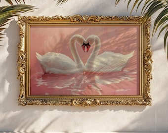 Swans Horizontal Photo Print Poster | Valentine Heart Wall Art Pink Room Decor | Coquette Girly Vintage Oil Painting