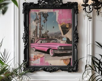Impresión de collage de coches rosas antiguos: Arte mural de la playa de palmeras de Los Ángeles