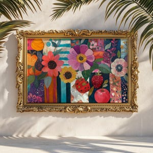 May include: A framed floral artwork in a gold ornate frame. The artwork is a collage of colourful flowers, fruits, and patterns. The flowers include pink, purple, and yellow blooms, with red strawberries and apples. The background has stripes and other designs.