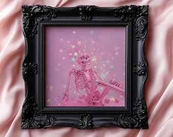 Holographic Pink Skeleton Halloween Wall Art | Girls 3D Metallic Coquette Aesthetic Poster Print | Spooky Season