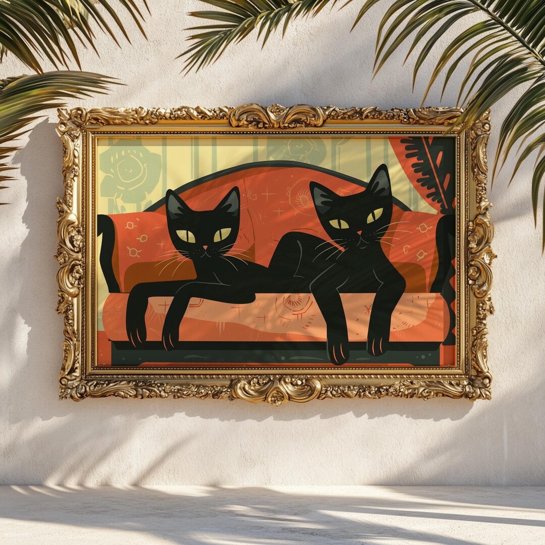 Black Cat Pair Print: 70s Retro Cat Wall Art Mid Century Kitsch ...